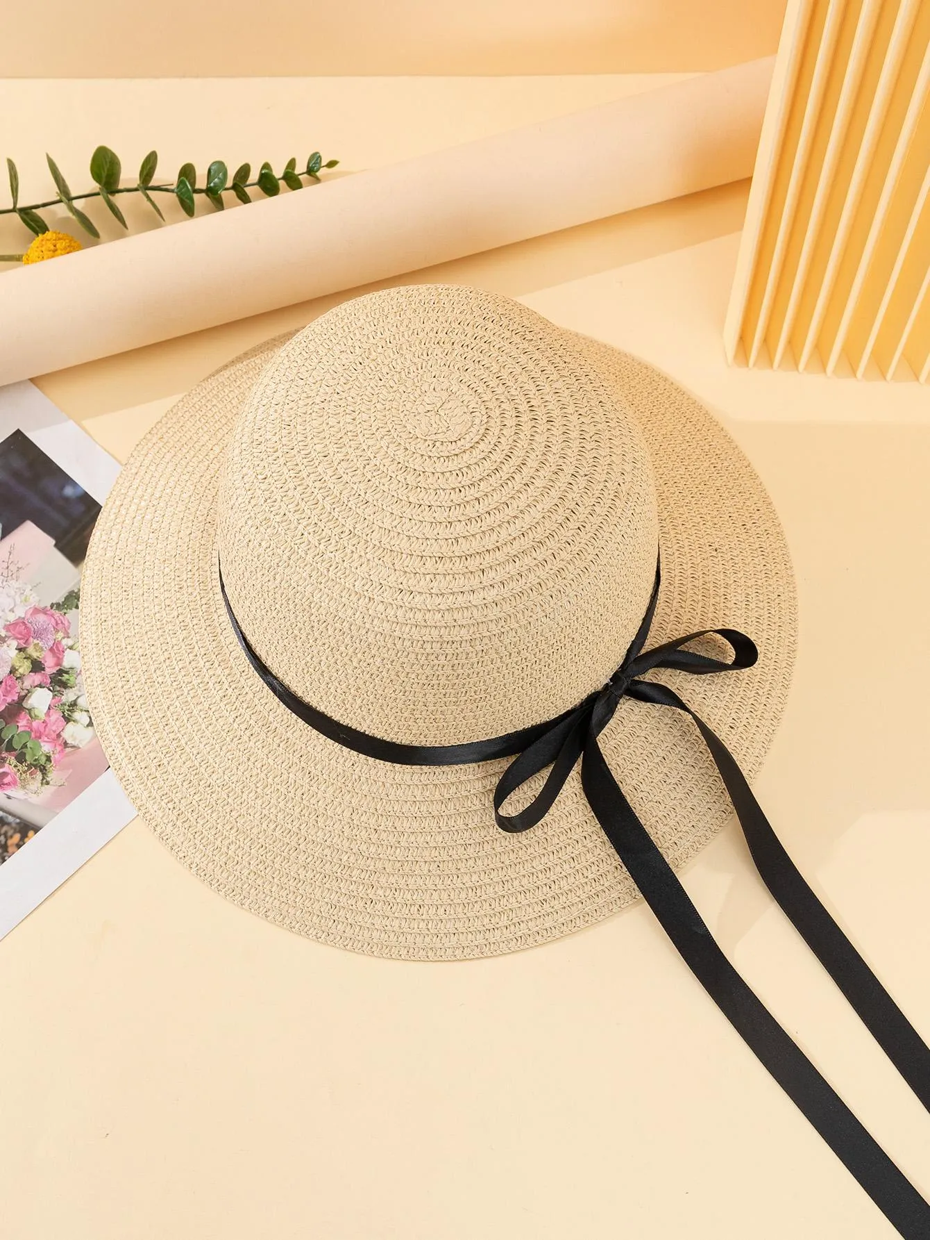 1pc Women Bow Decor Adjustable Boho Straw Hat For Summer