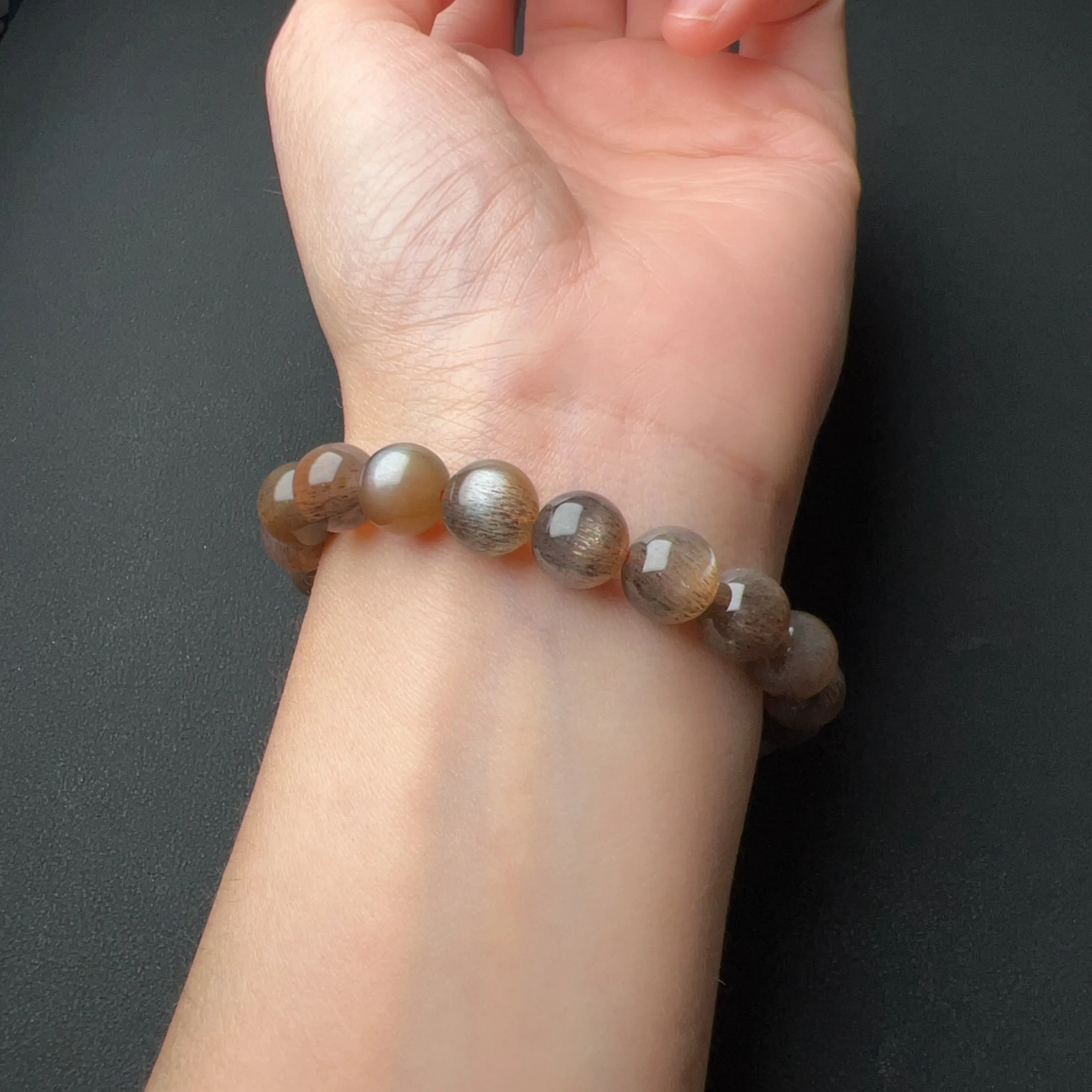 9.5mm High-quality Golden Black Skeleton with Sunstone Inclusion Crystal Bracelet | Handmade Root and Sacral Chakra Healing Crystal Jewelry