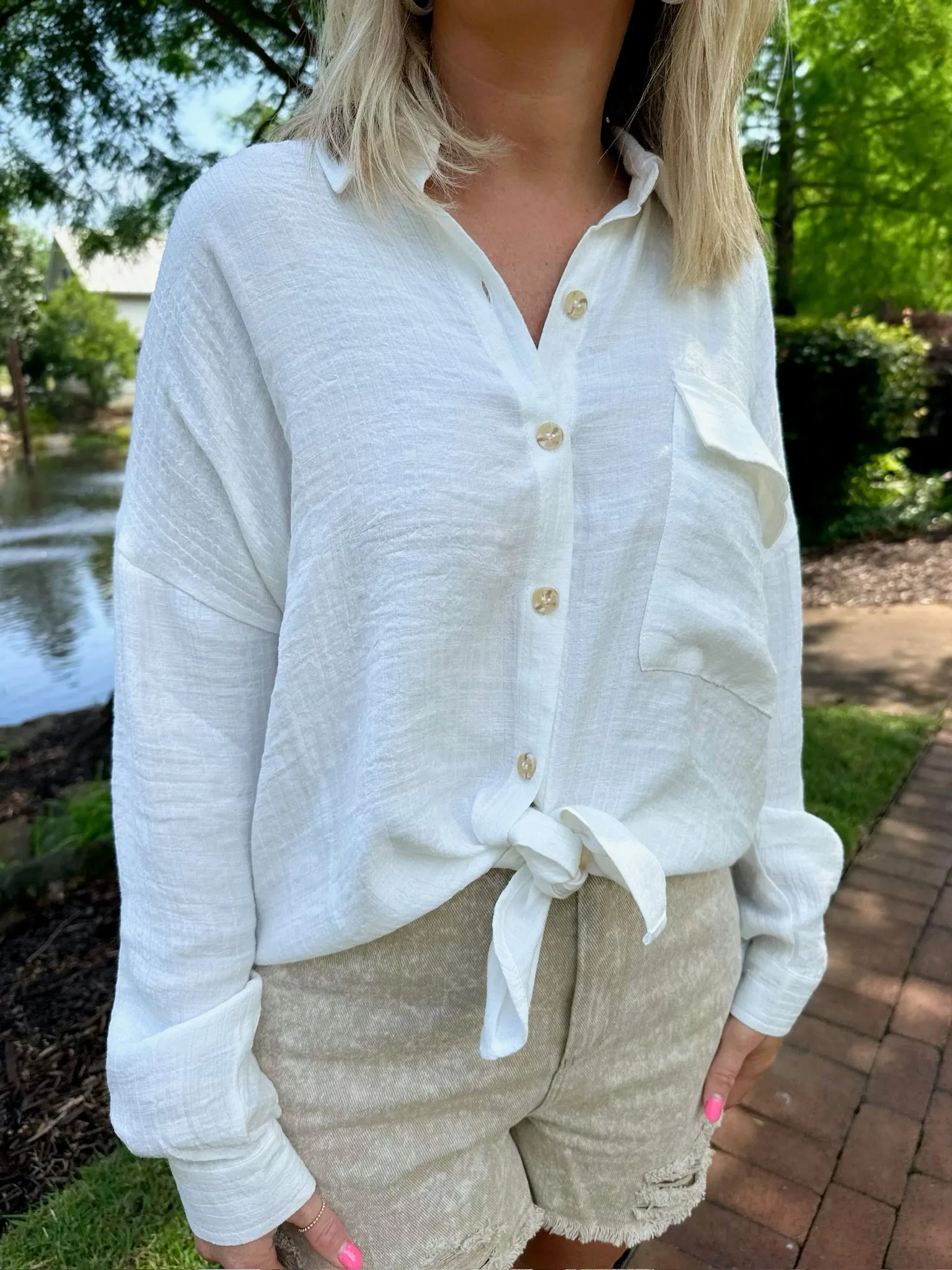 All About Me Solid Lightweight Button Down Top-White