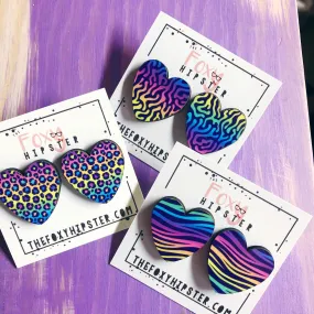 Animal Print Leopard Zebra Cheetah Rainbow Heart Stud Earrings