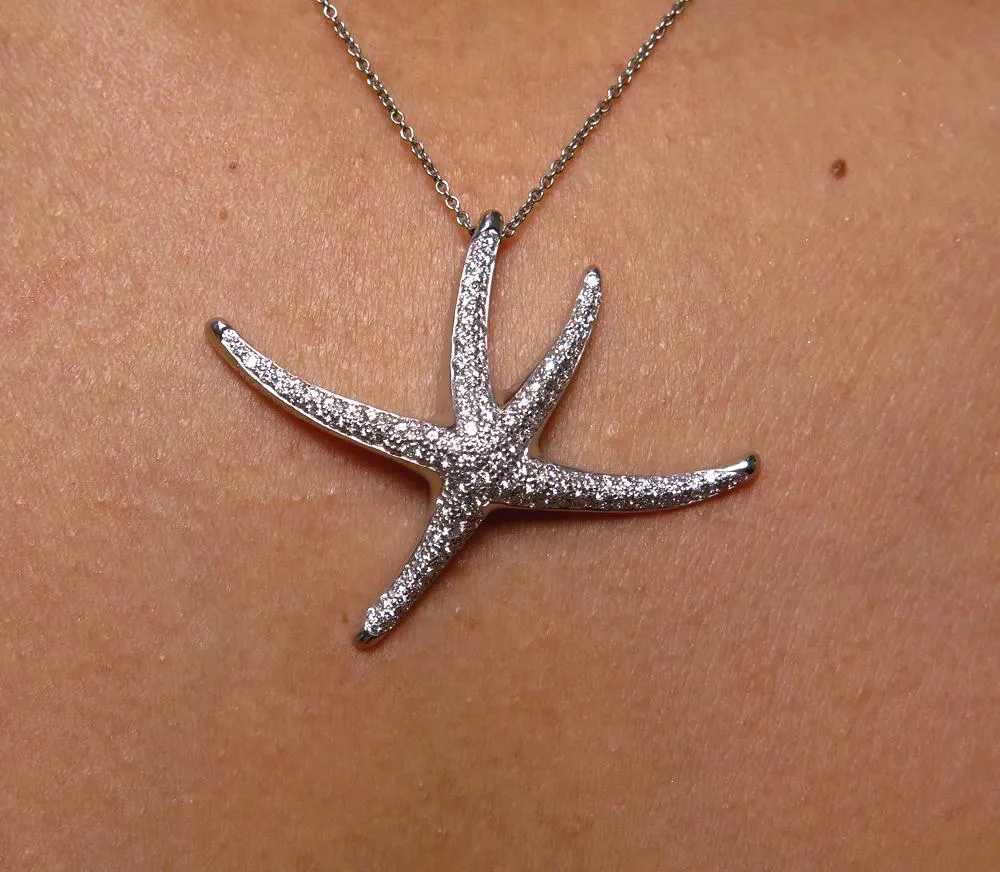 Authentic TIFFANY & CO 1.25ct Large STARFISH Pave Diamond Platinum Pendant Necklace by Elsa Peretti