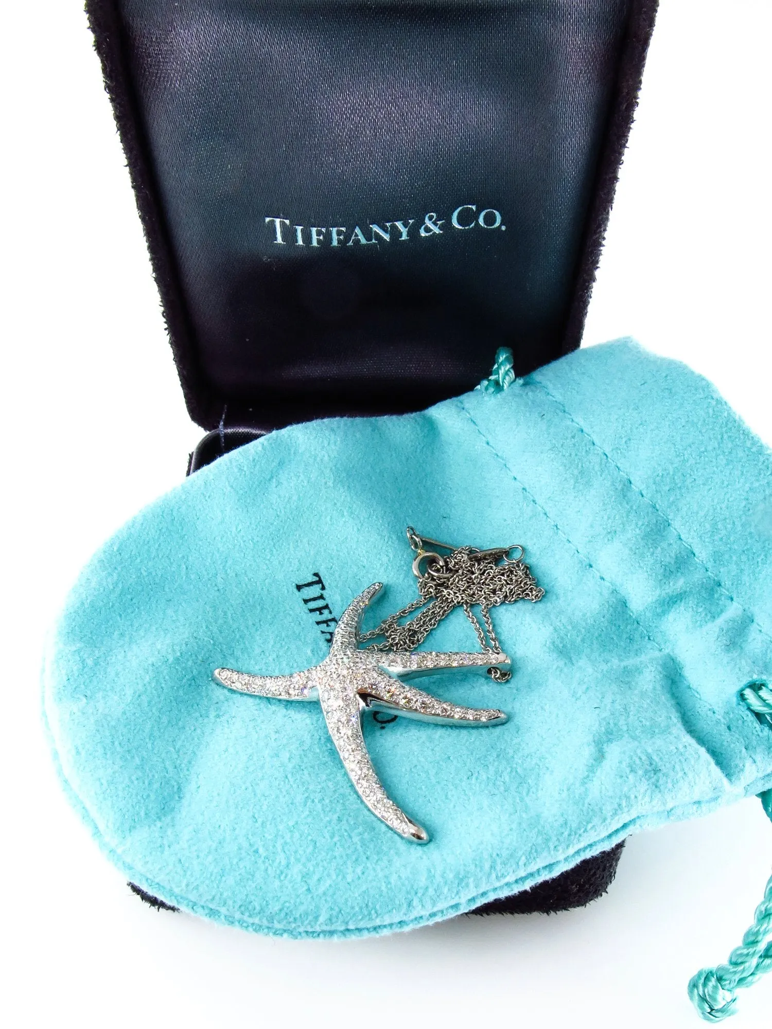 Authentic TIFFANY & CO 1.25ct Large STARFISH Pave Diamond Platinum Pendant Necklace by Elsa Peretti