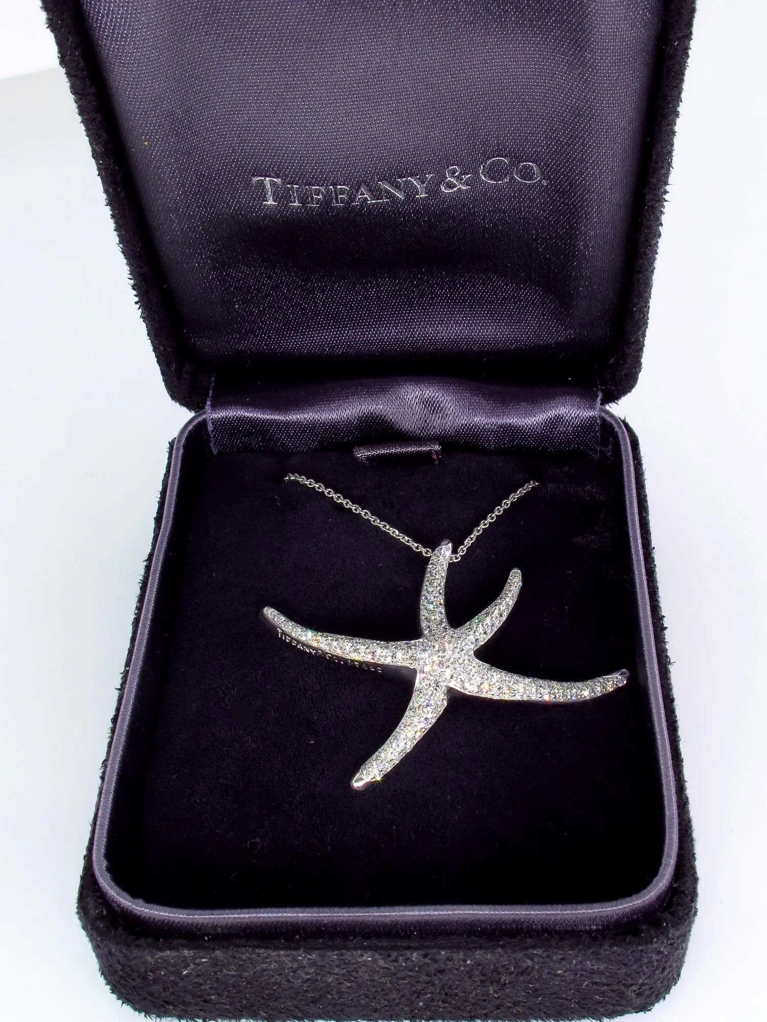 Authentic TIFFANY & CO 1.25ct Large STARFISH Pave Diamond Platinum Pendant Necklace by Elsa Peretti