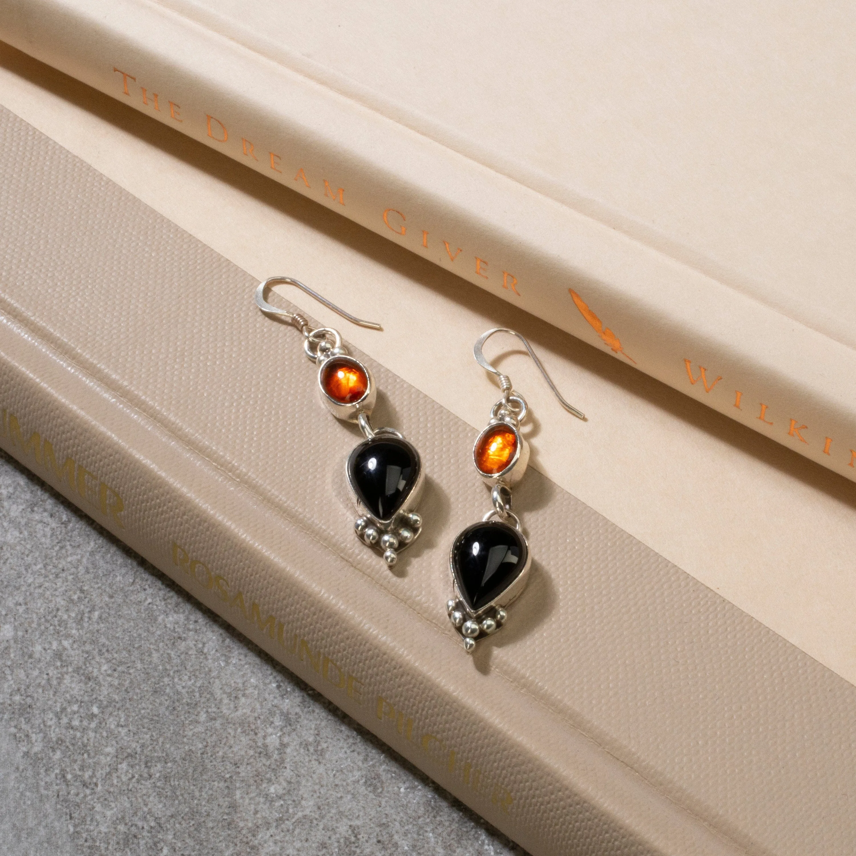 Baltic Amber & Black Onyx Dangle Navajo USA Native American Made 925 Sterling Silver Earrings with French Hook