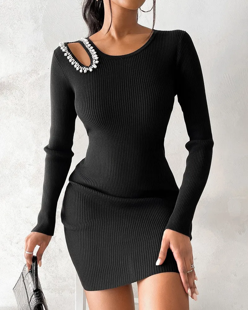 Beaded Cutout Knit Sweater Dress