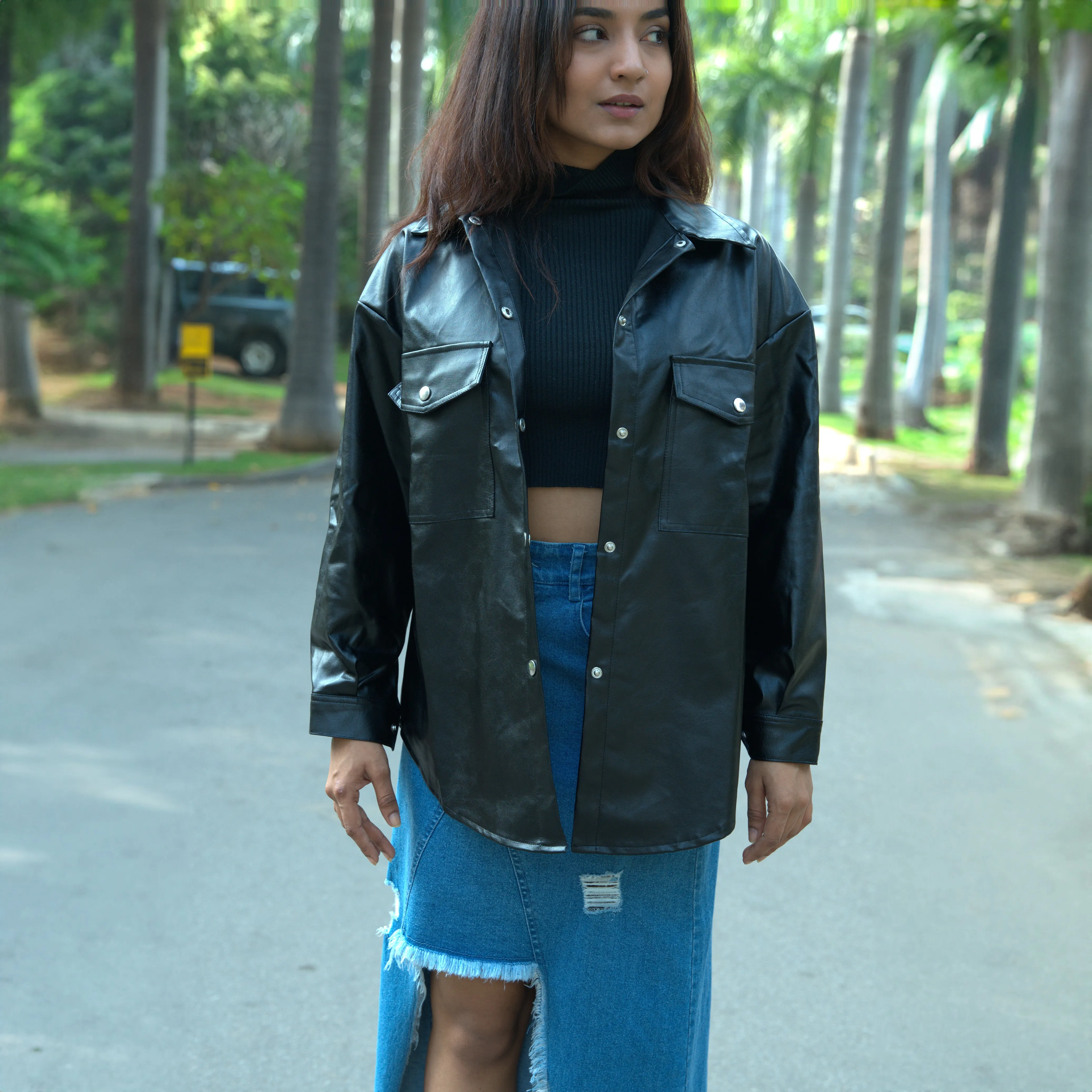 Black Oversized Faux-leather Jacket