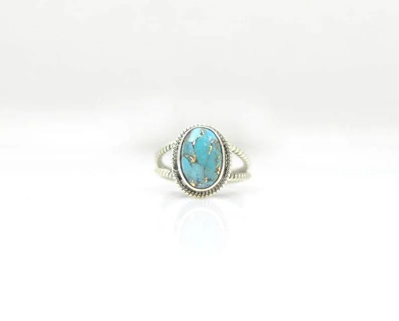 Blue Mojave Turquoise Ring Silver 925, Oval Gemstone, Double Band, Vintage Antique, December Birthstone, Boho Chic Ethnic, Gift for Her