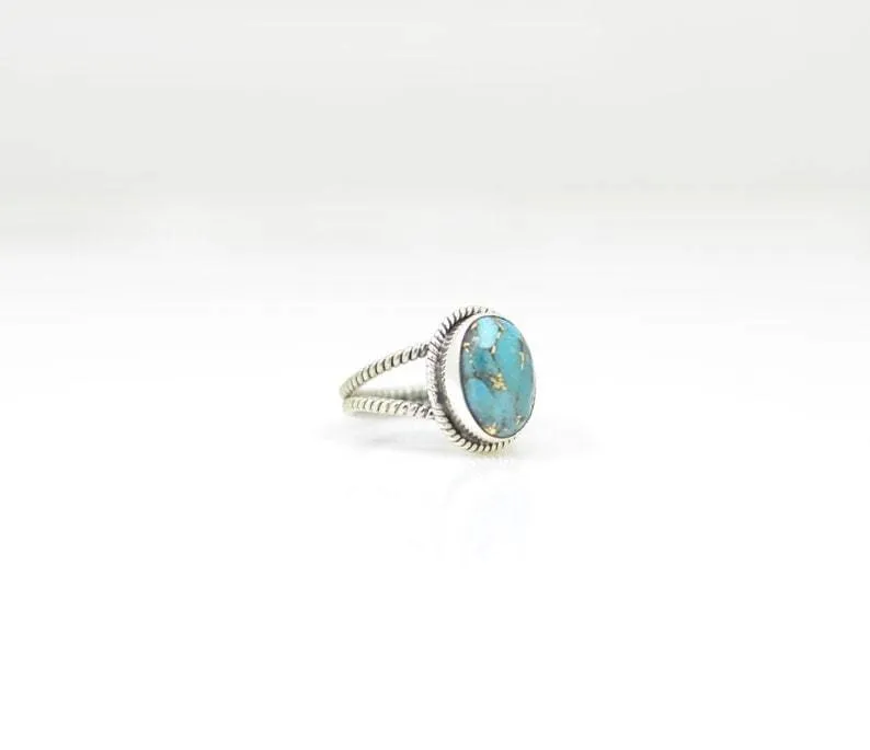 Blue Mojave Turquoise Ring Silver 925, Oval Gemstone, Double Band, Vintage Antique, December Birthstone, Boho Chic Ethnic, Gift for Her