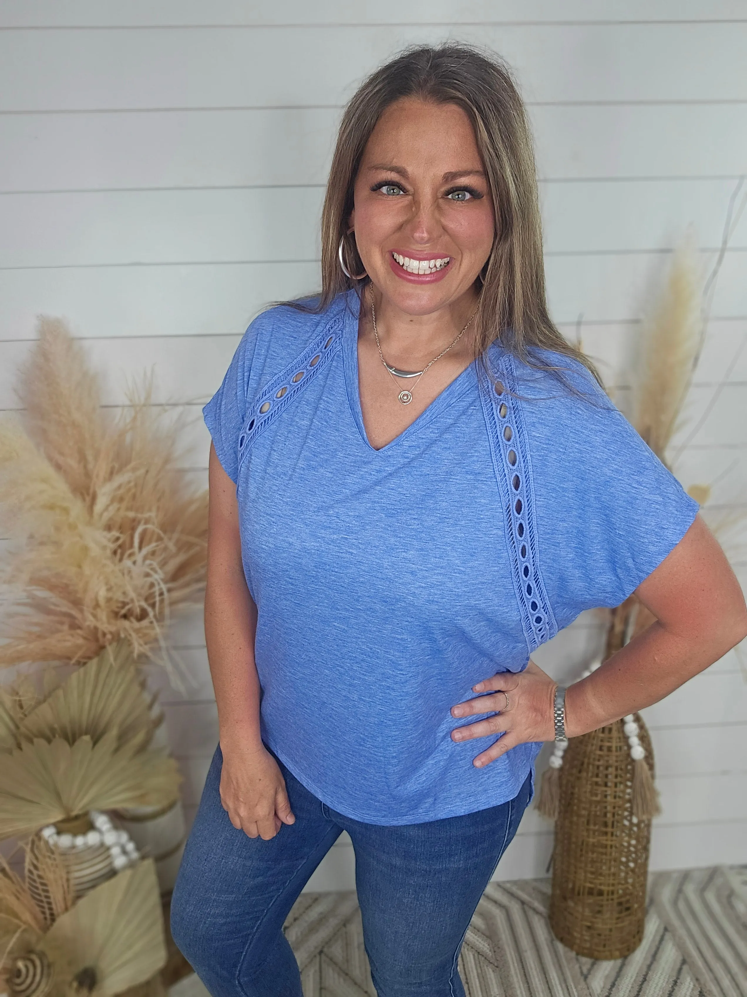 BLUE OVERSIZED CROCHET LACE TRIM TEE