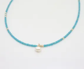 Boho Japanese Seed Bead Choker & Fresh Water Pearl - Deep Turquoise