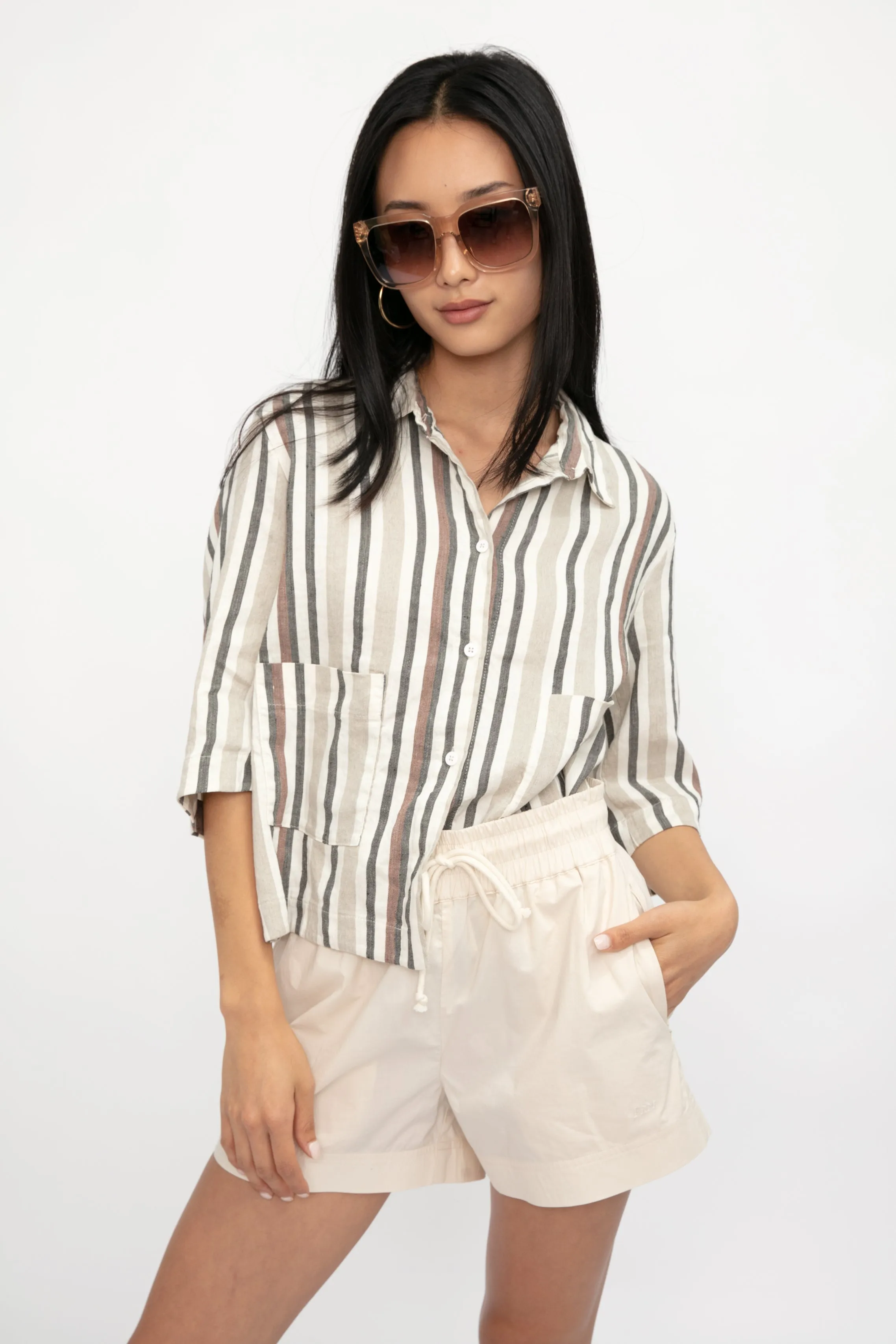 Boxy Linen Shirt Jacket in Carob Stripe