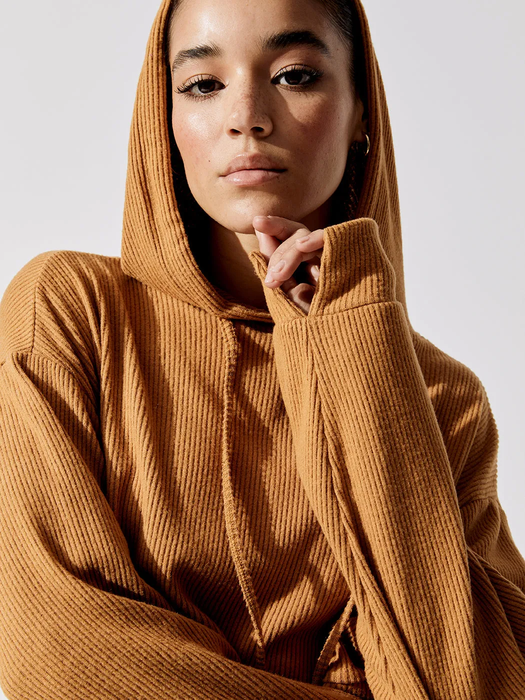 Brushed Ribbed Cropped Hoodie - Brown Sugar