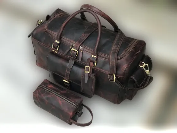 Combo Offer - 24 inch Men's Buffalo Leather Weekender Duffel and Toiletry Bag