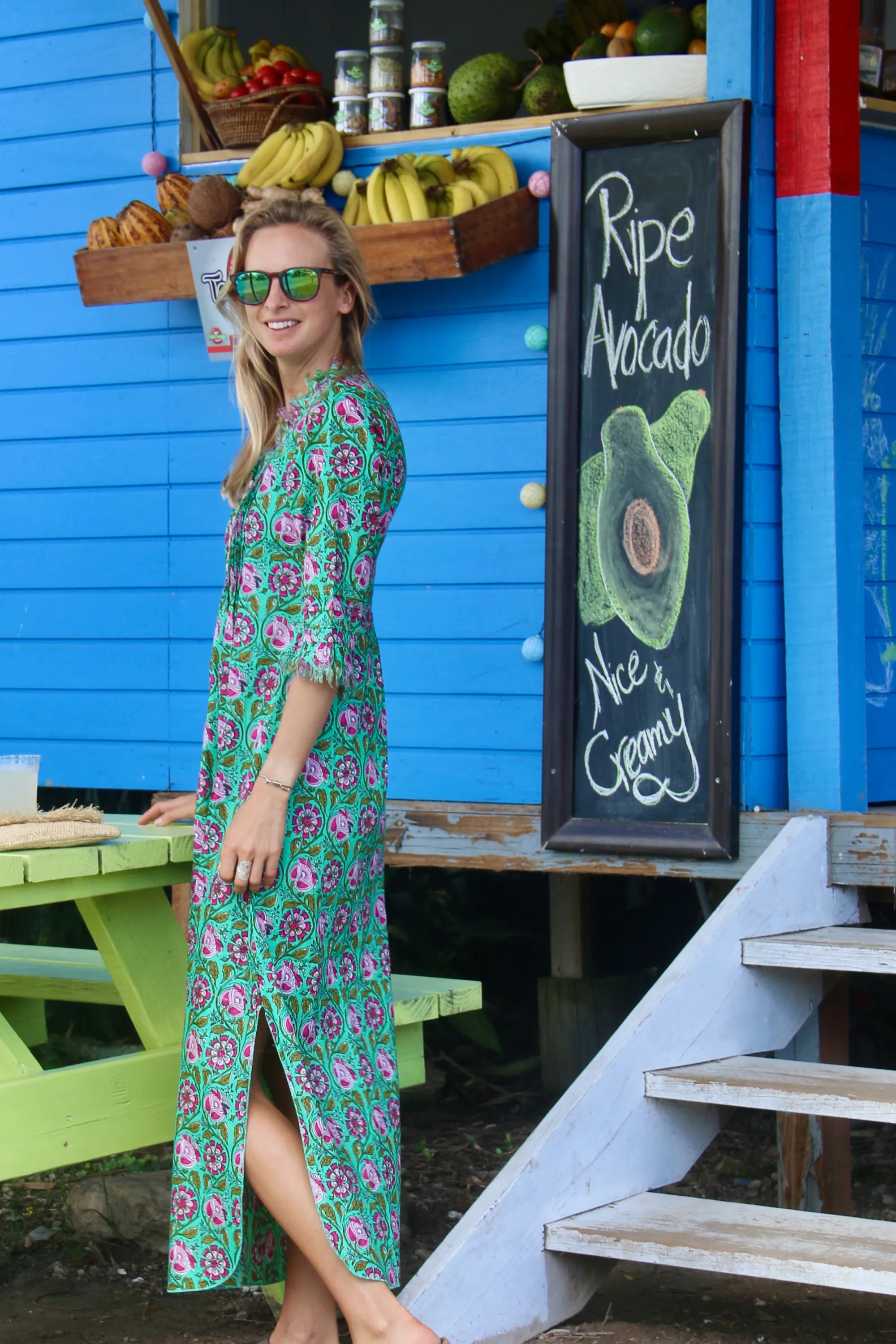 Cotton Annabel Maxi Dress in Green & Pink Flower