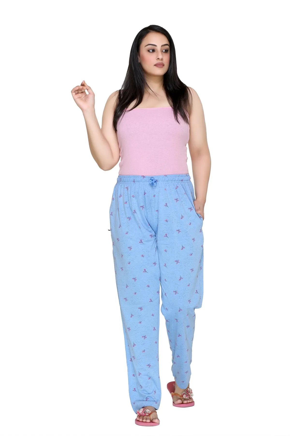 Cotton Printed Night Pants For Women -Sky Blue