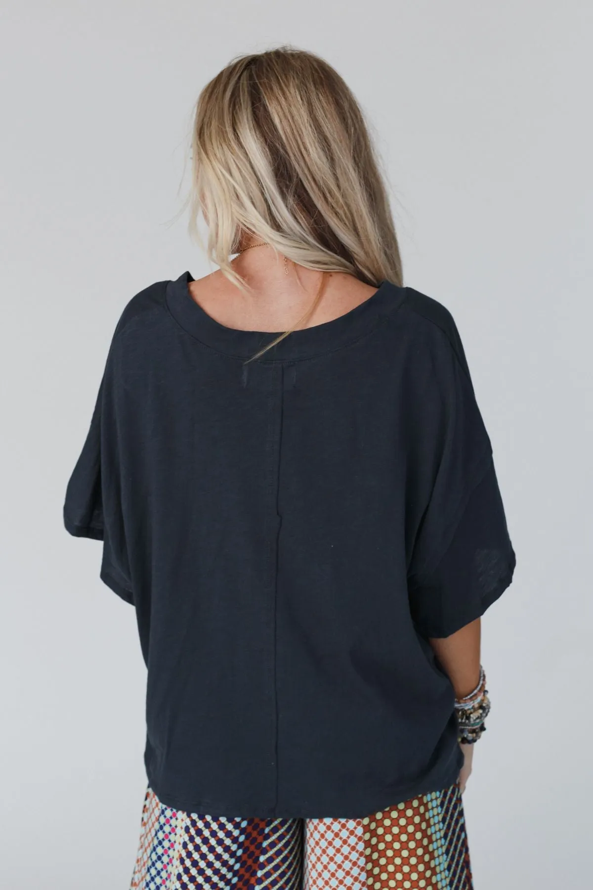 Cozy Oversized Slub V Neck Top - Navy