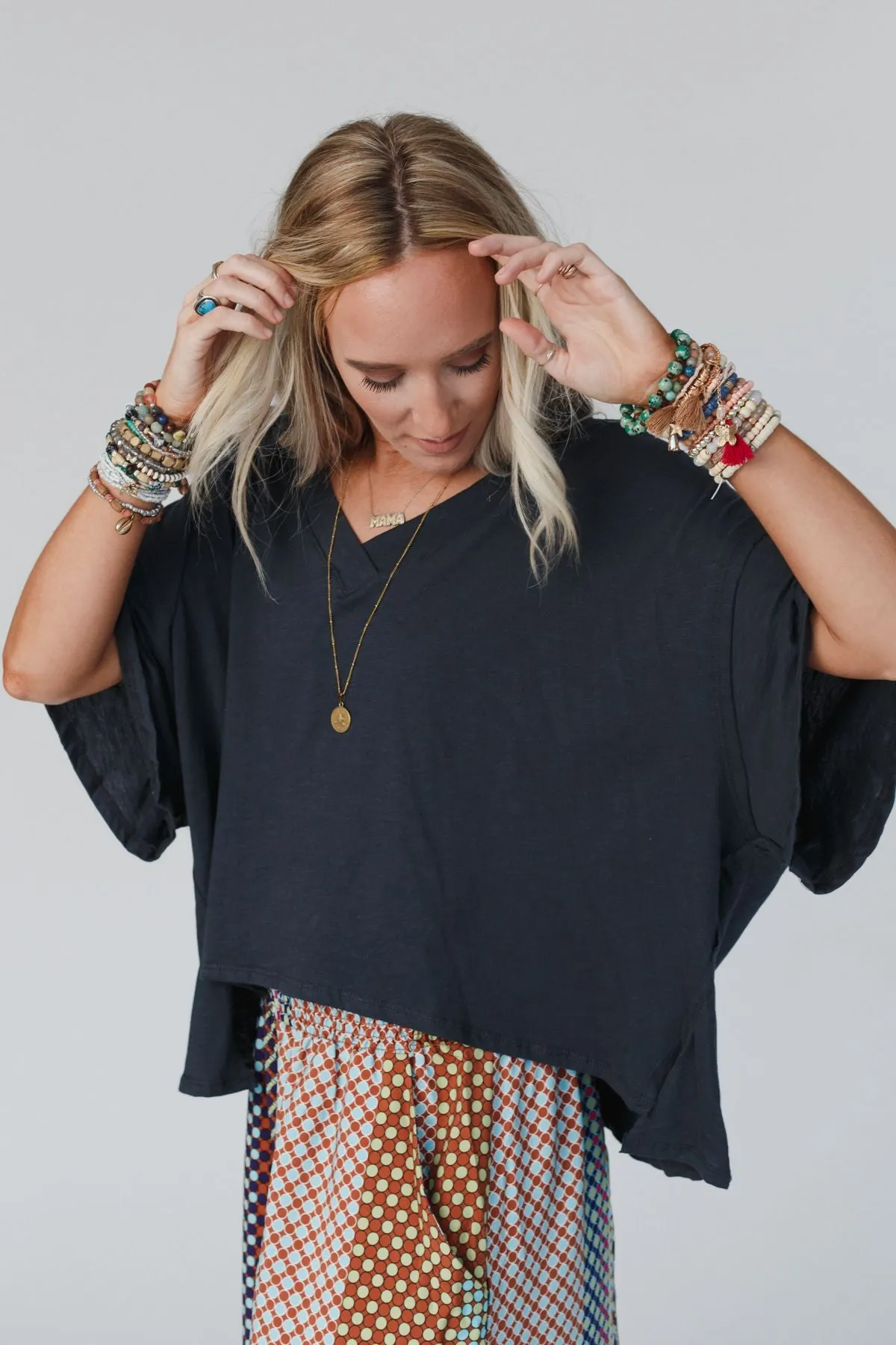 Cozy Oversized Slub V Neck Top - Navy