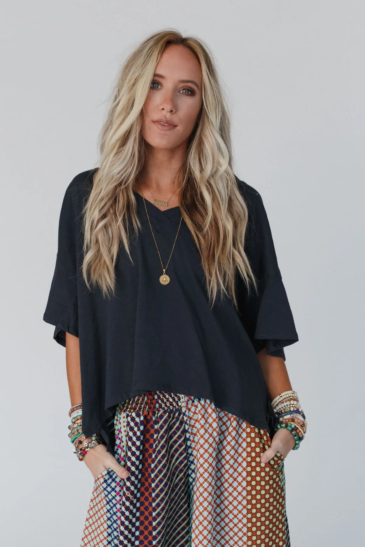 Cozy Oversized Slub V Neck Top - Navy