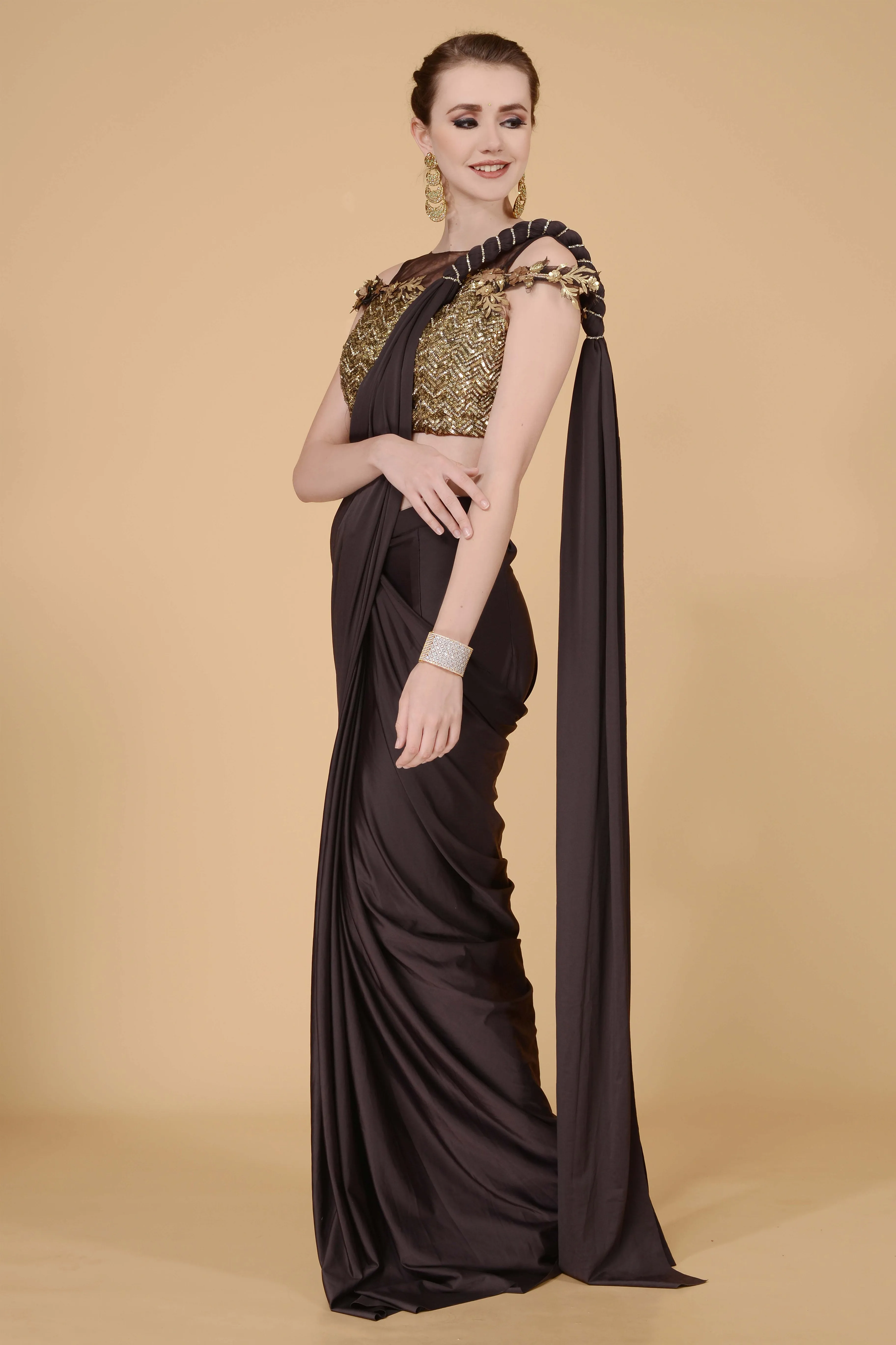 Earthy Brown Drape Saree