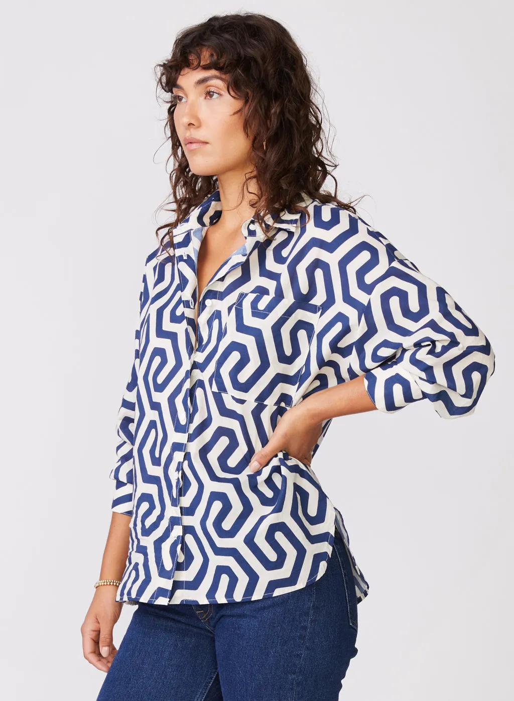 Geo Print Voile Oversized Shirt in New Navy