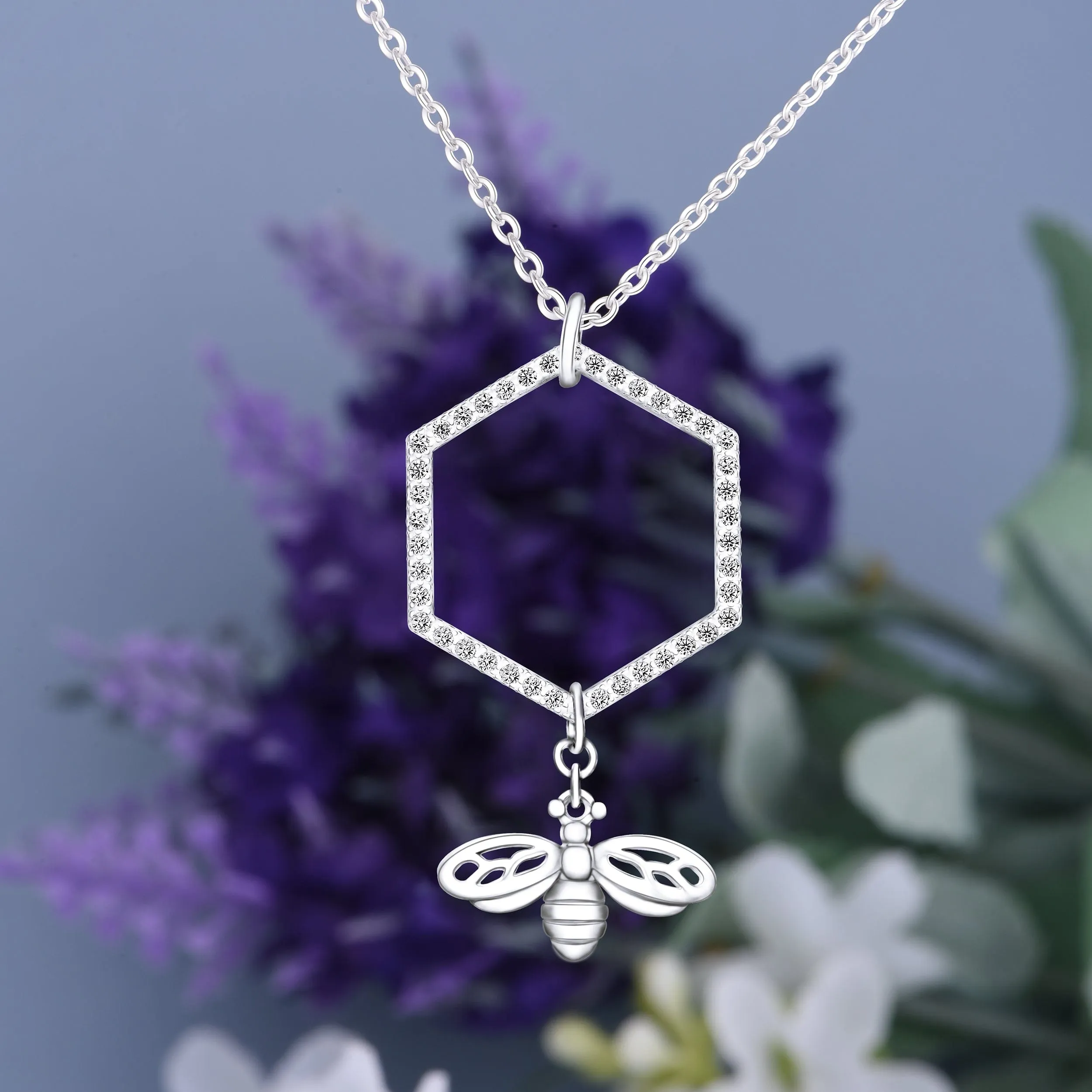 Geometric Honeycomb Necklace with Bee Sterling Silver