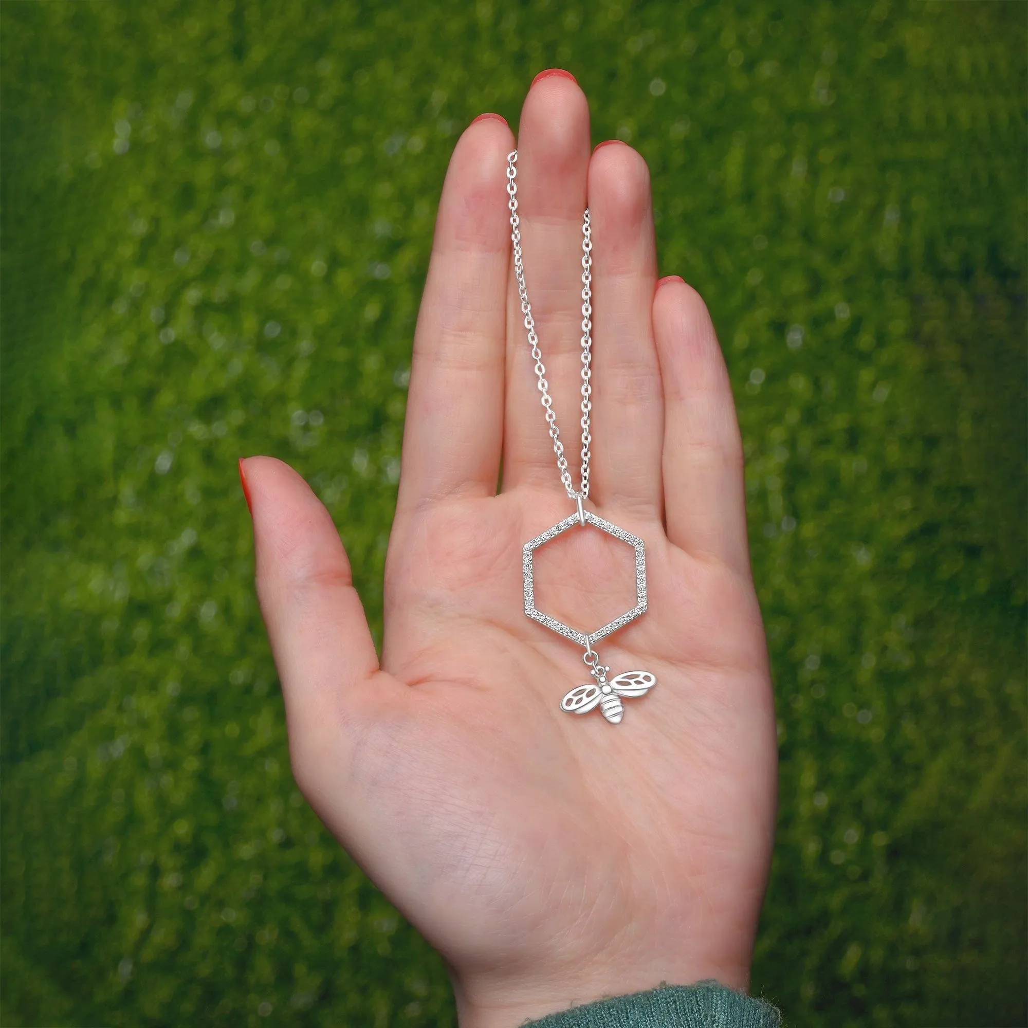 Geometric Honeycomb Necklace with Bee Sterling Silver