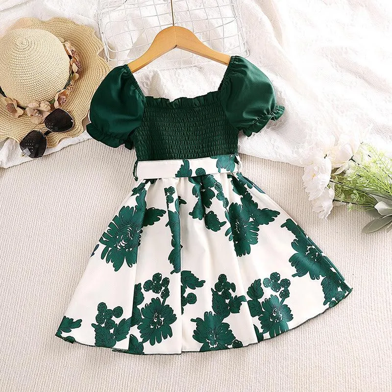 Girls' Summer Patchwork Dress Printed Fashionable Bubble Sleeve Princess Skirt