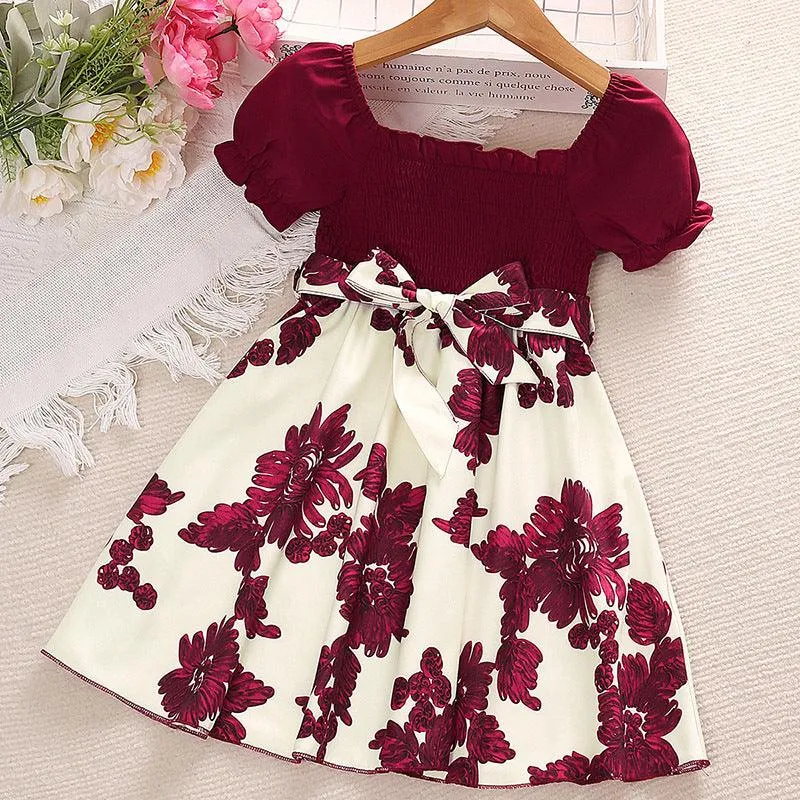 Girls' Summer Patchwork Dress Printed Fashionable Bubble Sleeve Princess Skirt