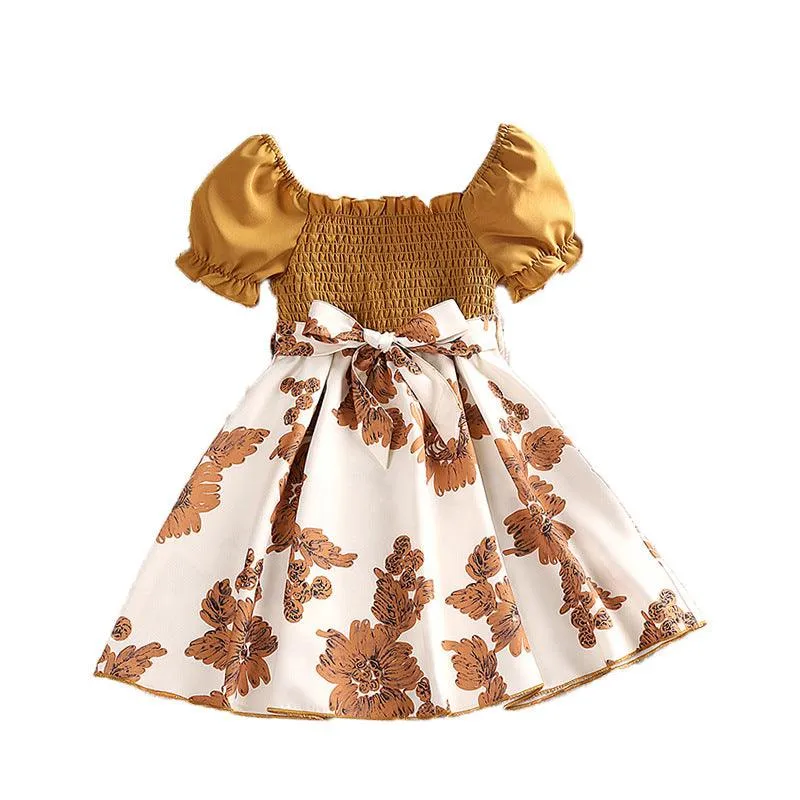 Girls' Summer Patchwork Dress Printed Fashionable Bubble Sleeve Princess Skirt