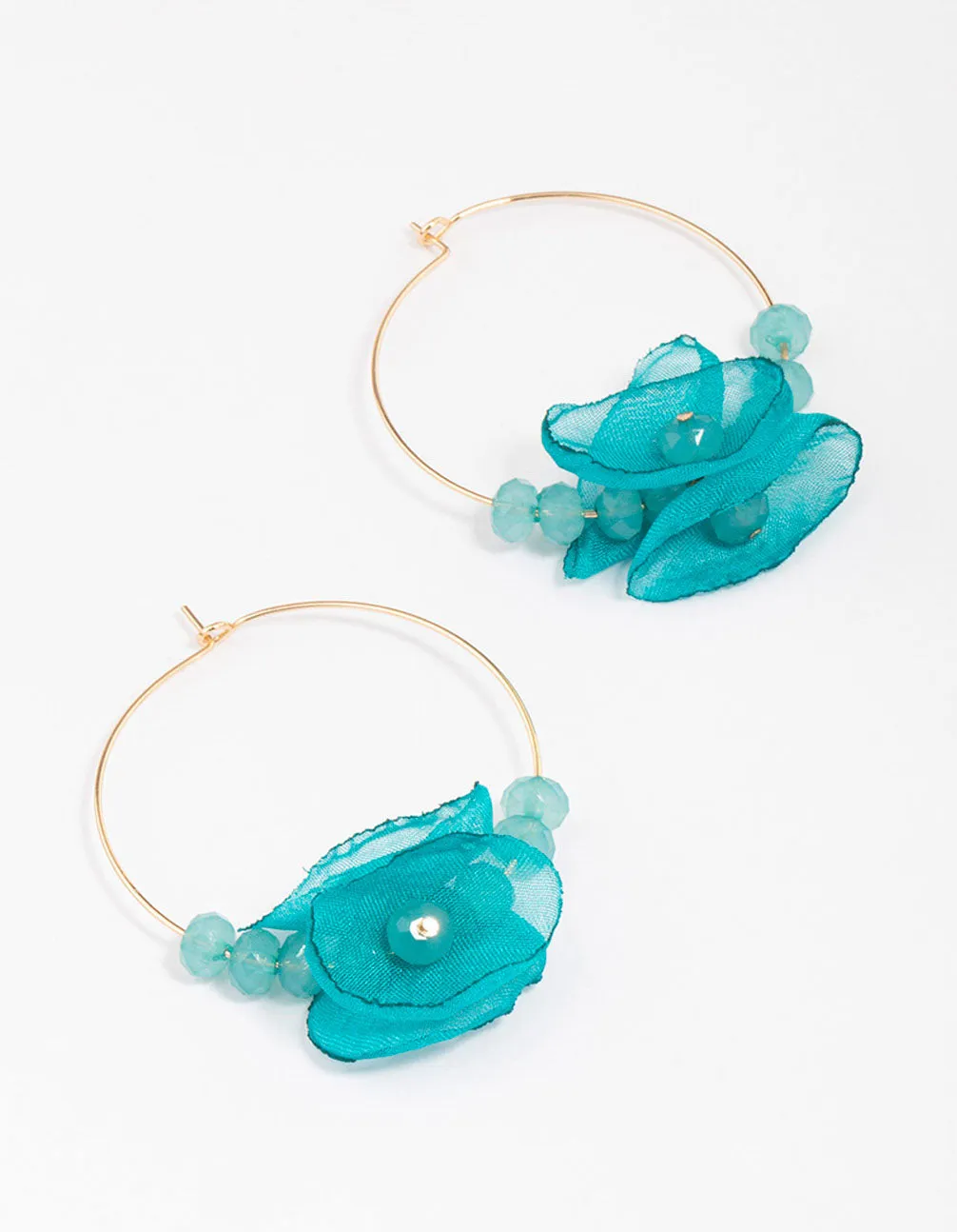 Gold & Blue Flower Beaded Hoop Earrings