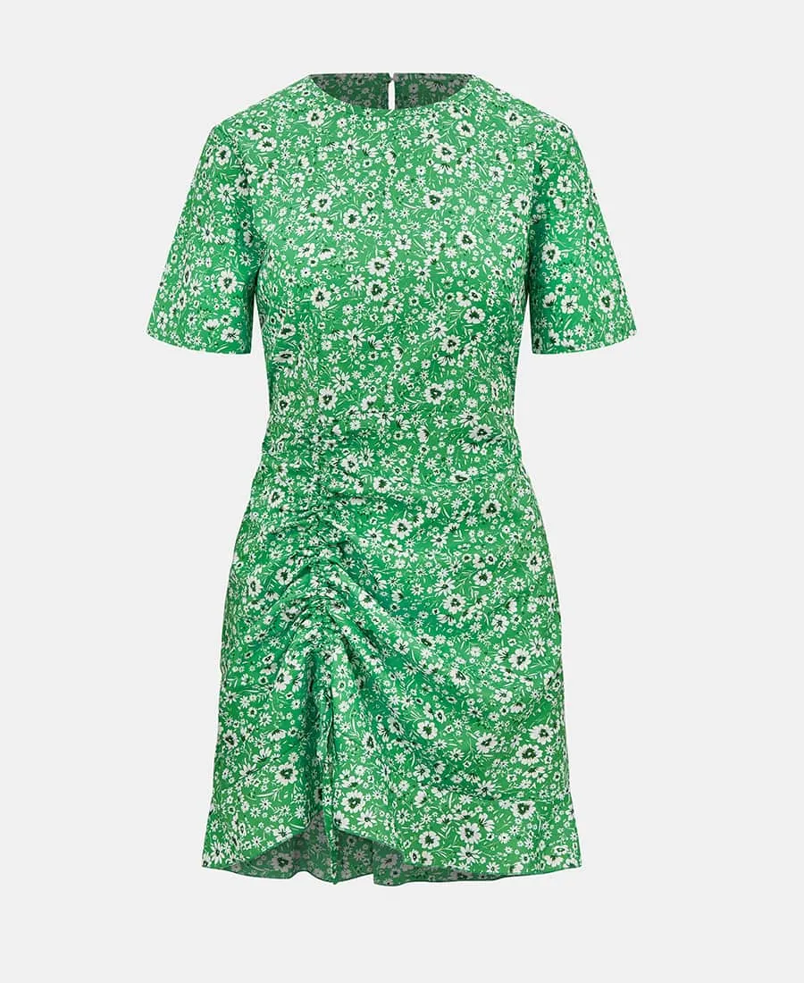 Green Ditsy Floral Ruche Side Mini Dress