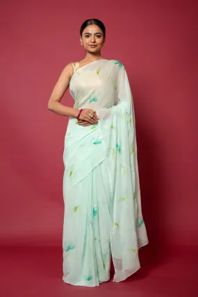 Green Handpainted Viscose Chiffon Saree