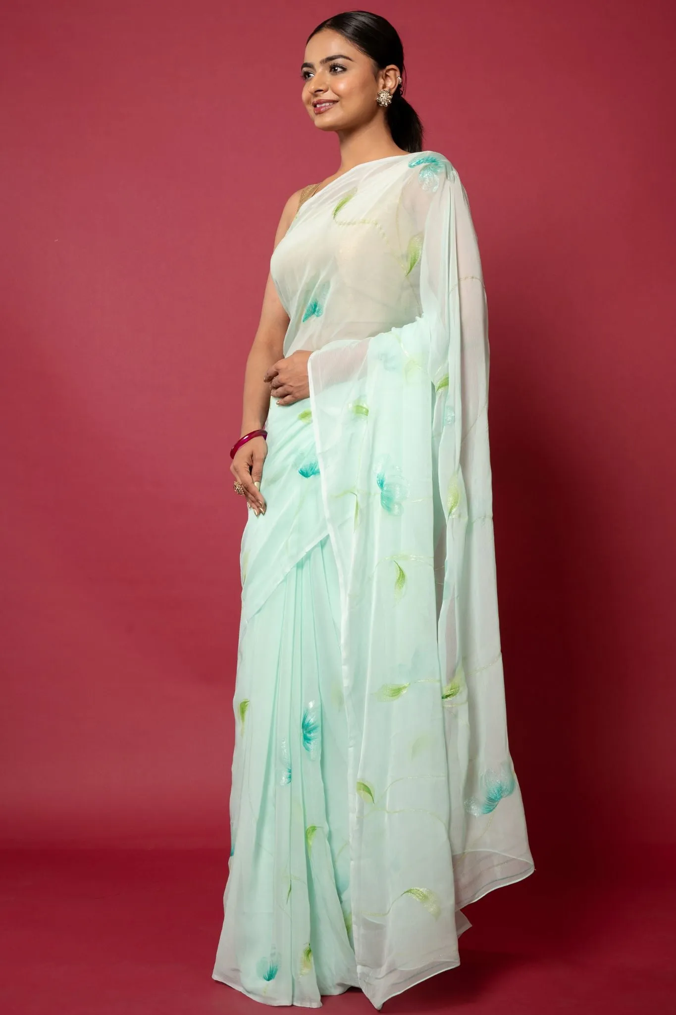 Green Handpainted Viscose Chiffon Saree