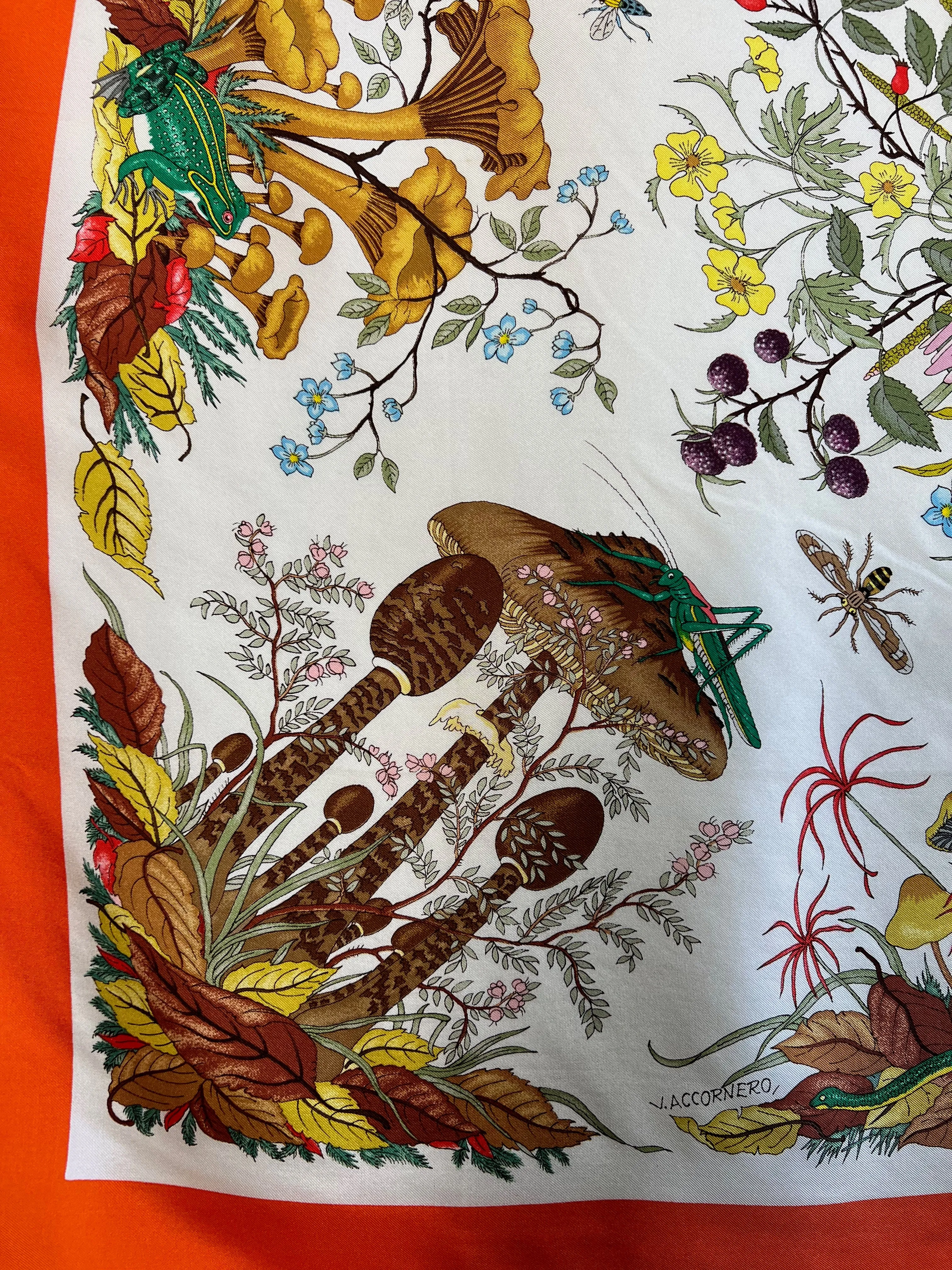 GUCCI FALL Vintage Orange Mushroom Motif Silk Scarf, Made in Italy