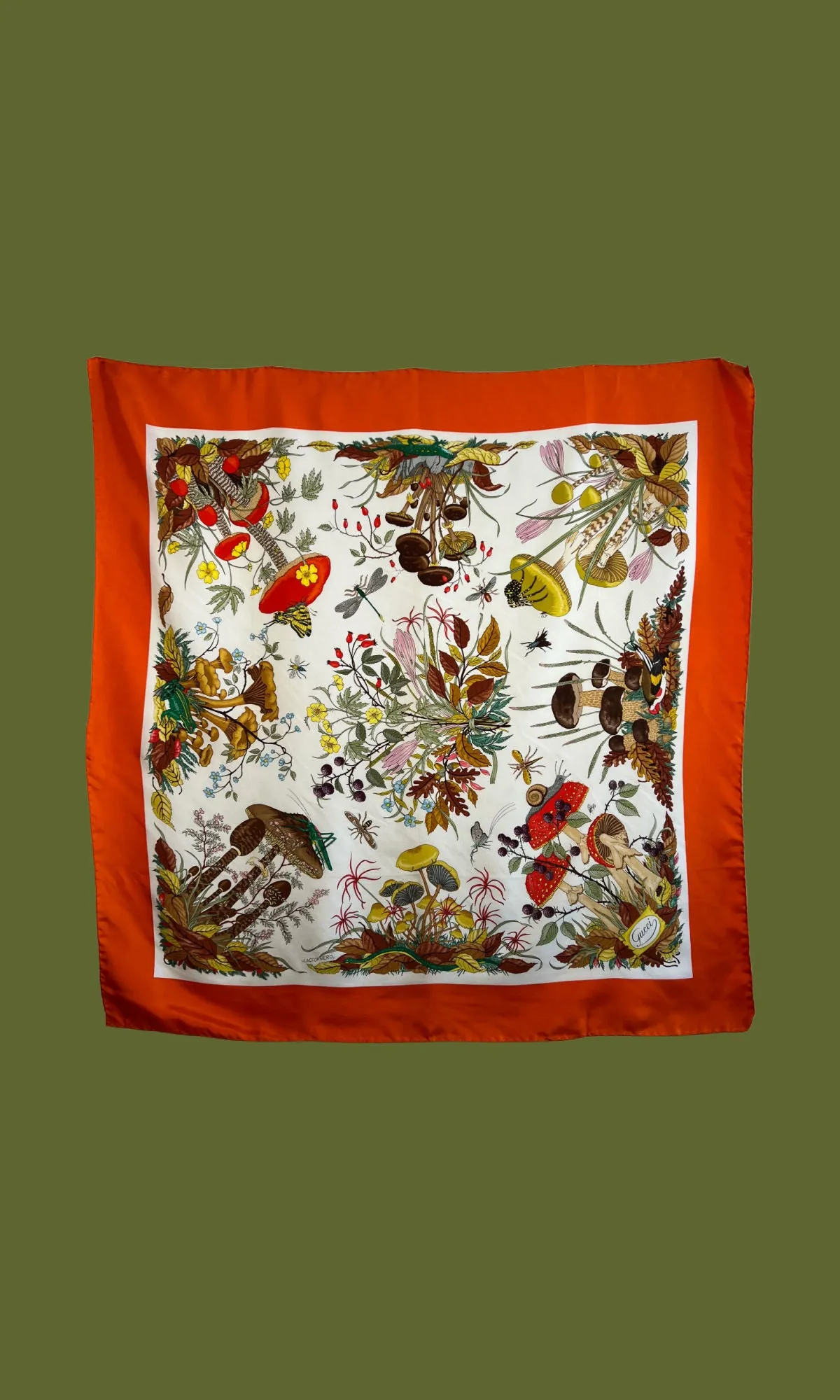 GUCCI FALL Vintage Orange Mushroom Motif Silk Scarf, Made in Italy