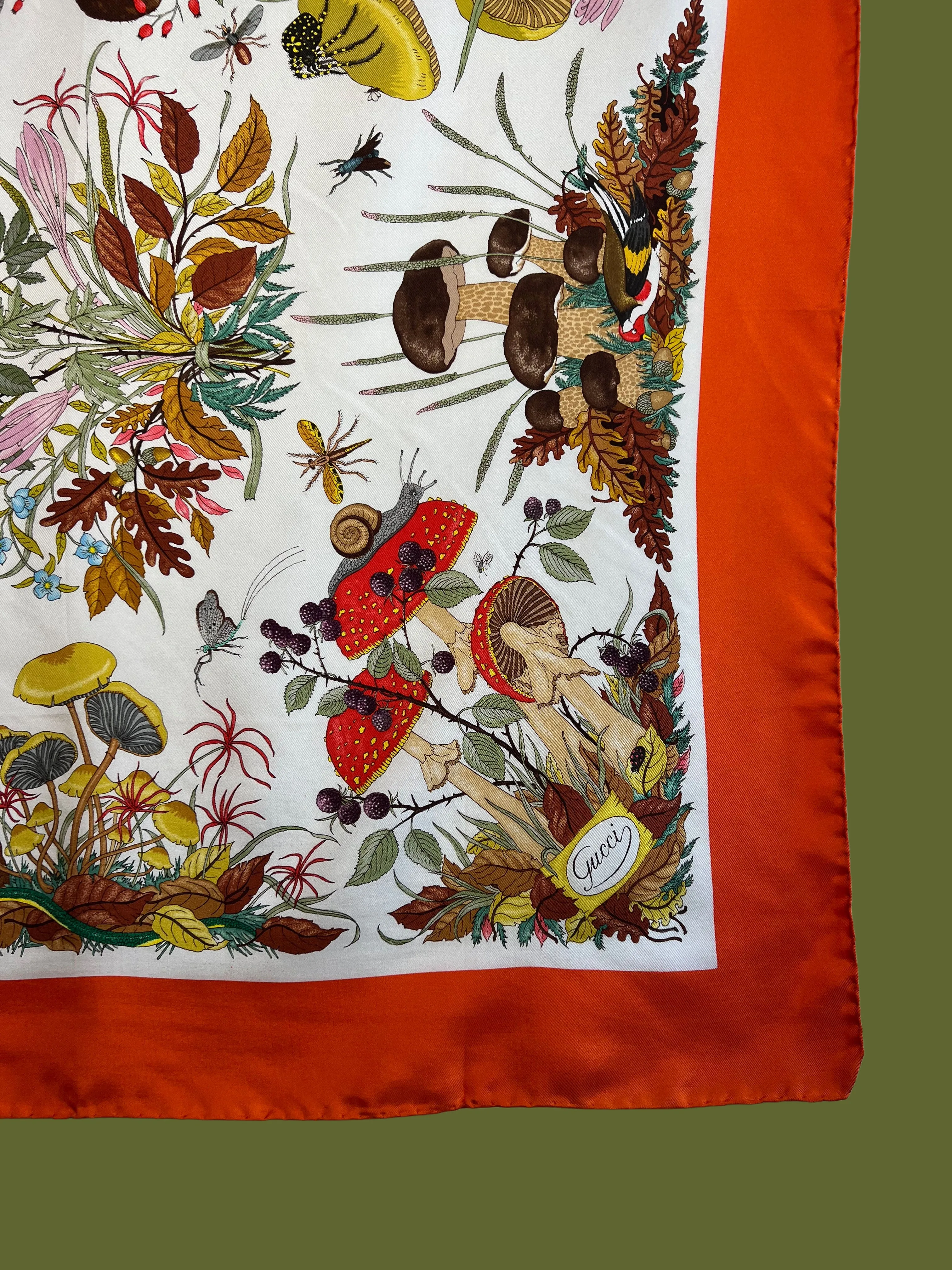 GUCCI FALL Vintage Orange Mushroom Motif Silk Scarf, Made in Italy