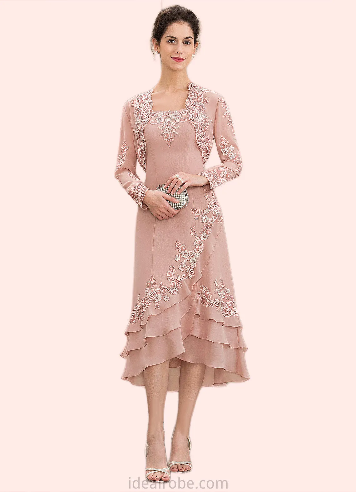 Hannah A-Line Square Neckline Asymmetrical Chiffon Mother of the Bride Dress With Appliques Lace Cascading Ruffles STK126P0014978