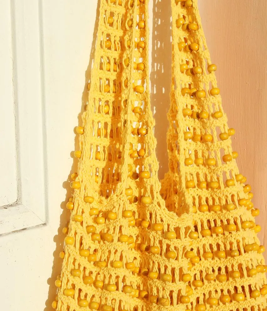 Karma Wooden Beads Crochet Bag in Pale Yellow