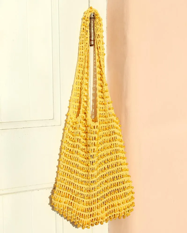 Karma Wooden Beads Crochet Bag in Pale Yellow