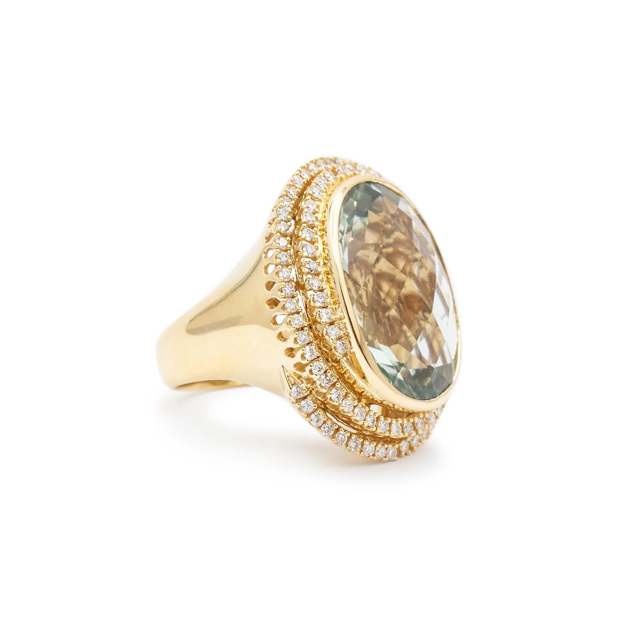 Ladies 18K Yellow Gold Oval Prasiolite Spiral Halo Diamond Cocktail Ring