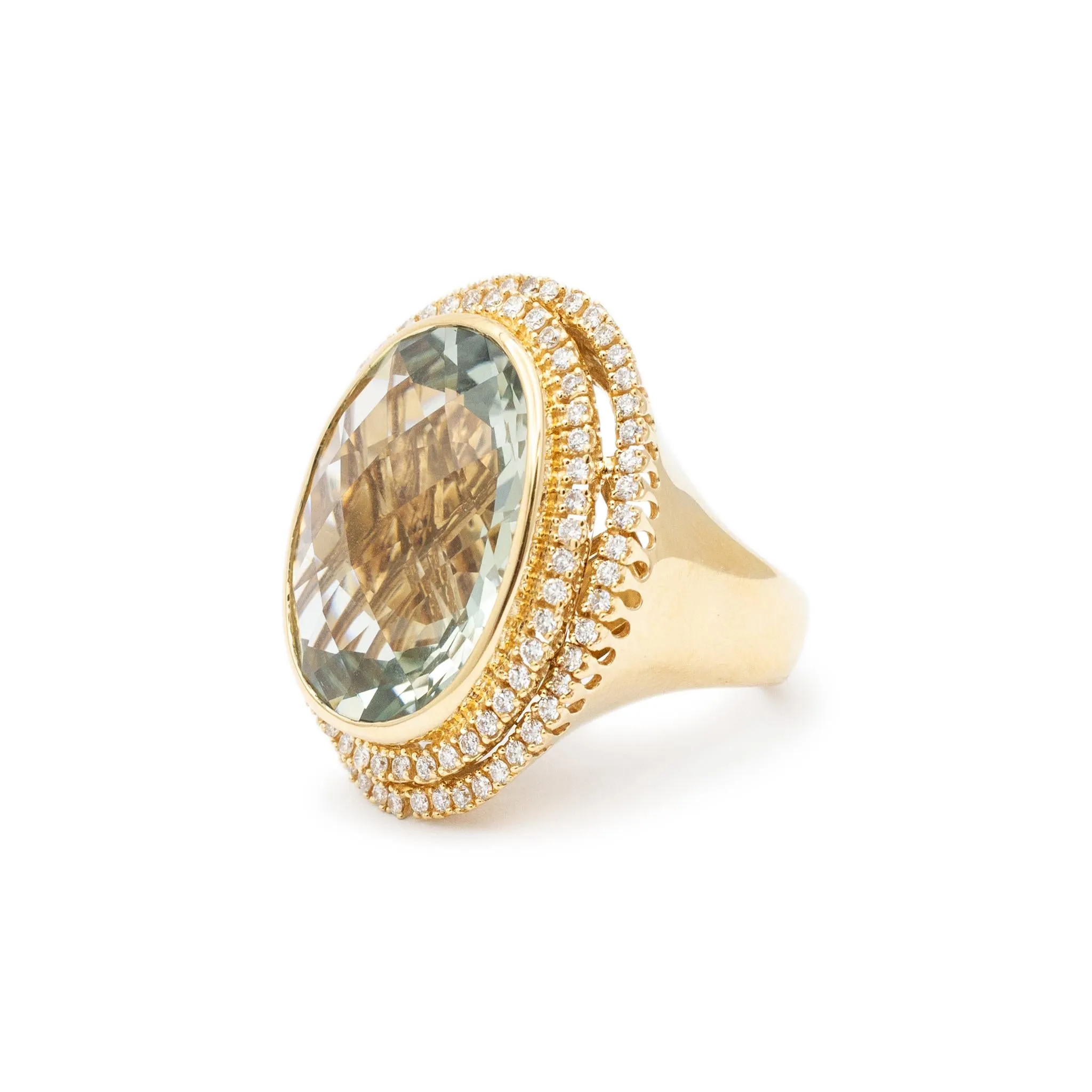 Ladies 18K Yellow Gold Oval Prasiolite Spiral Halo Diamond Cocktail Ring