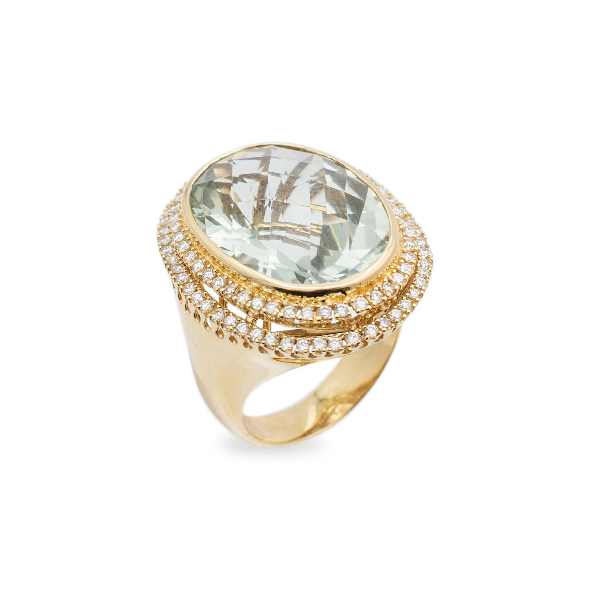 Ladies 18K Yellow Gold Oval Prasiolite Spiral Halo Diamond Cocktail Ring