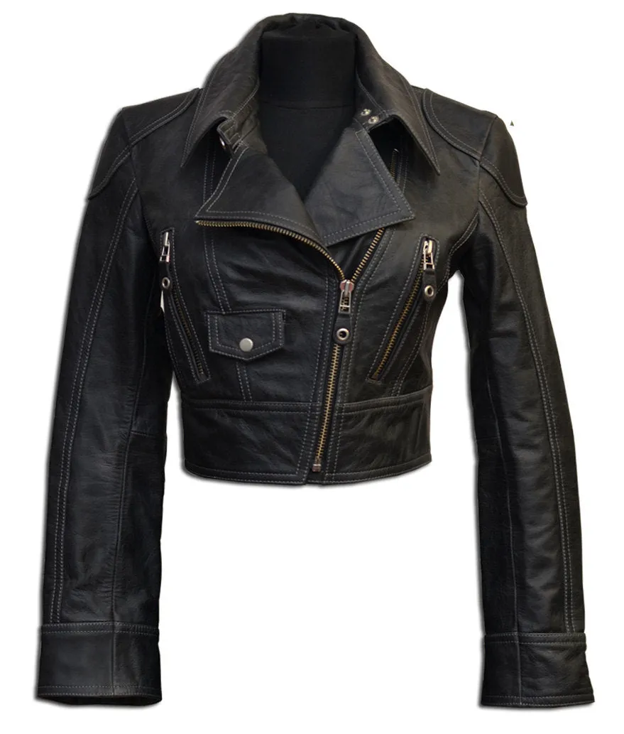 Leather crop biker jacket