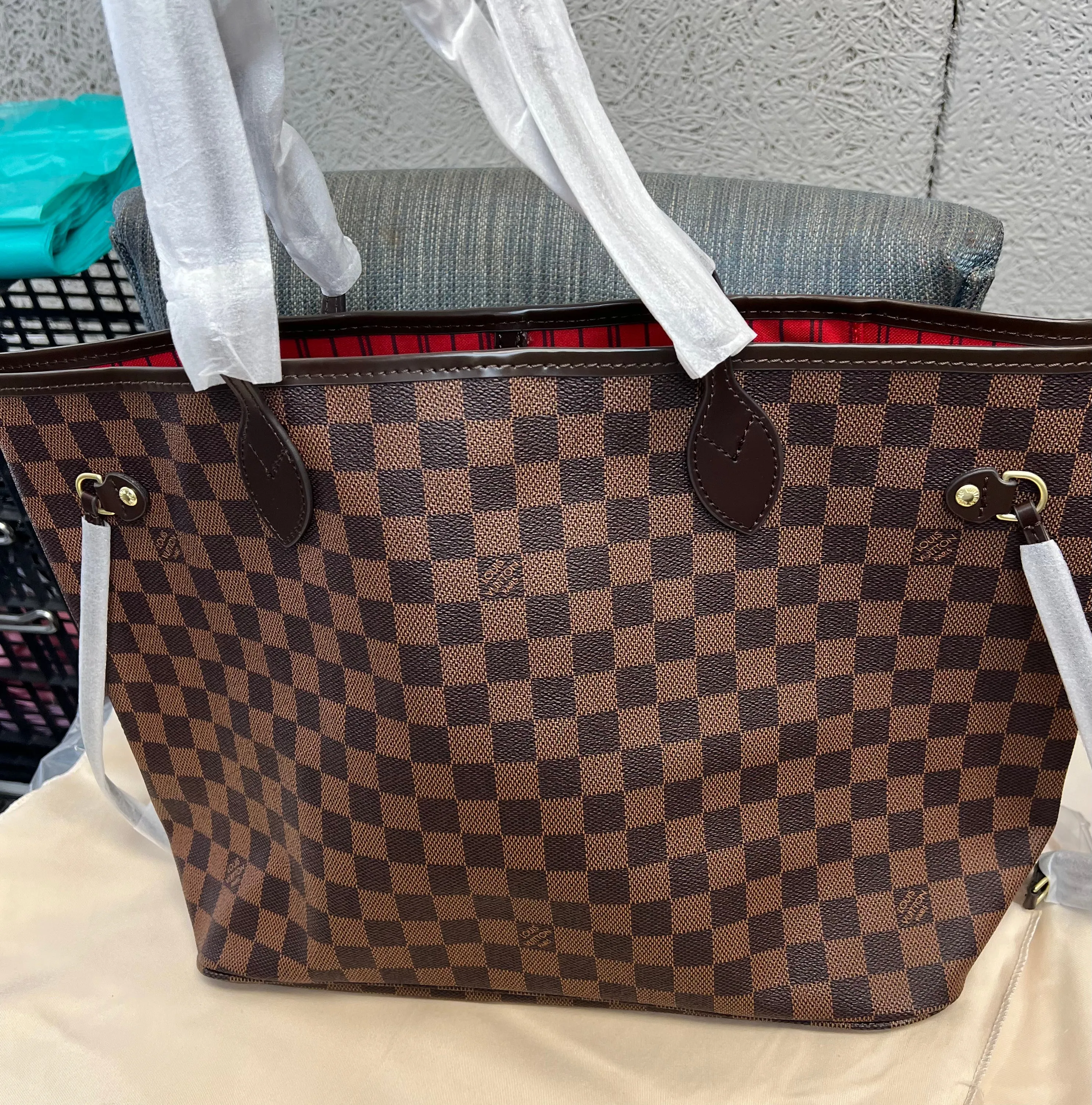 Leather trim Fashion Brown check tote Handbag purse M