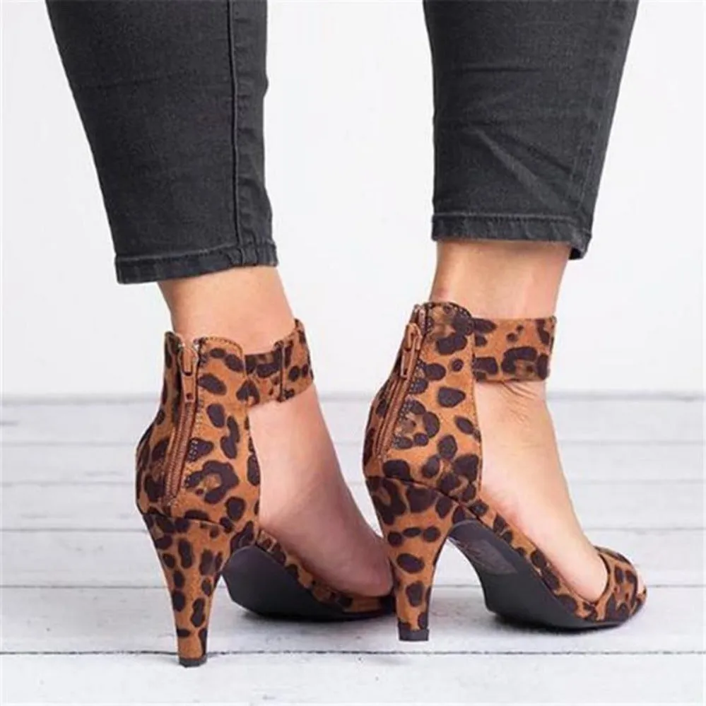 Leopard Square High Heels Strap Zipper Sandals