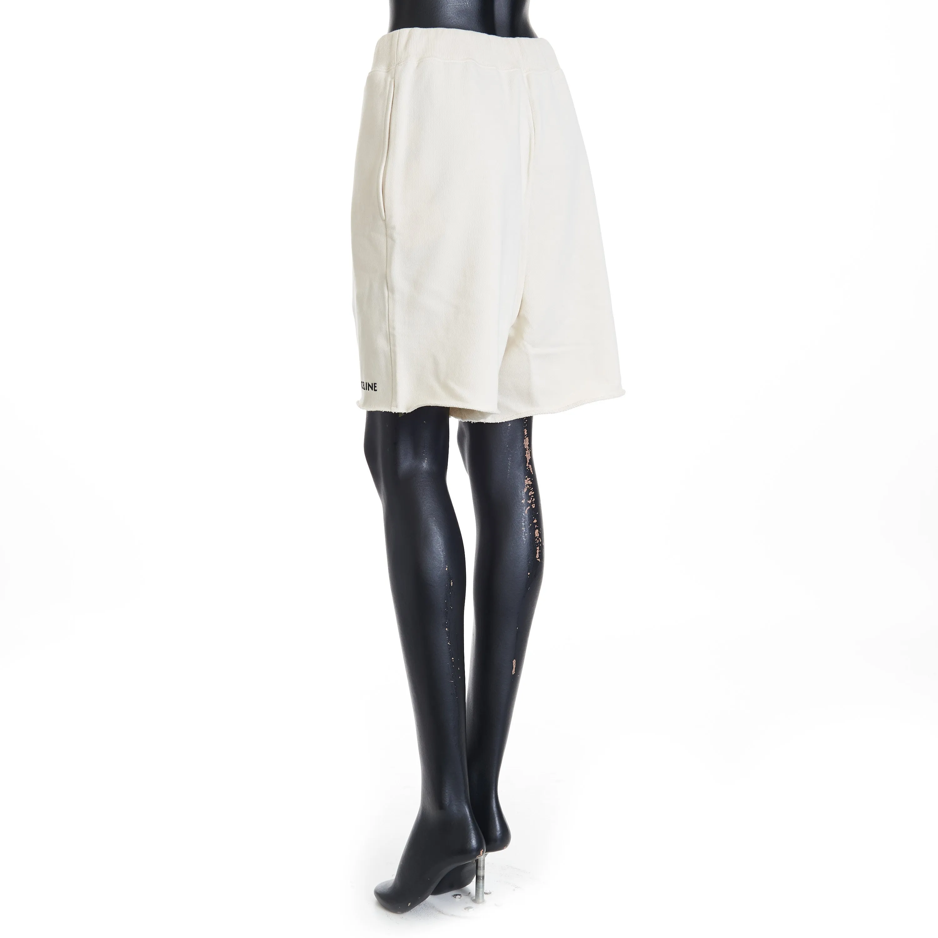 Loose Celine Embroidered Shorts In Cream/Black Classic Cotton Fleece