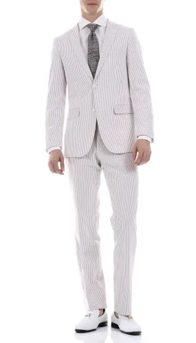 MEN'S 2PC SUMMER SEERSUCKER SLIM FIT SUIT IN TAN PINSTRIPE