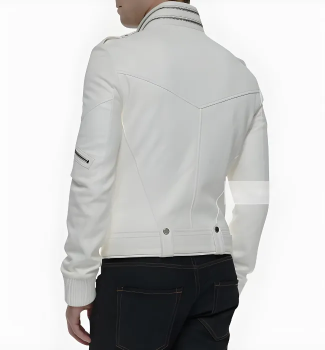 Mens Racer Moto Biker White Leather Jacket