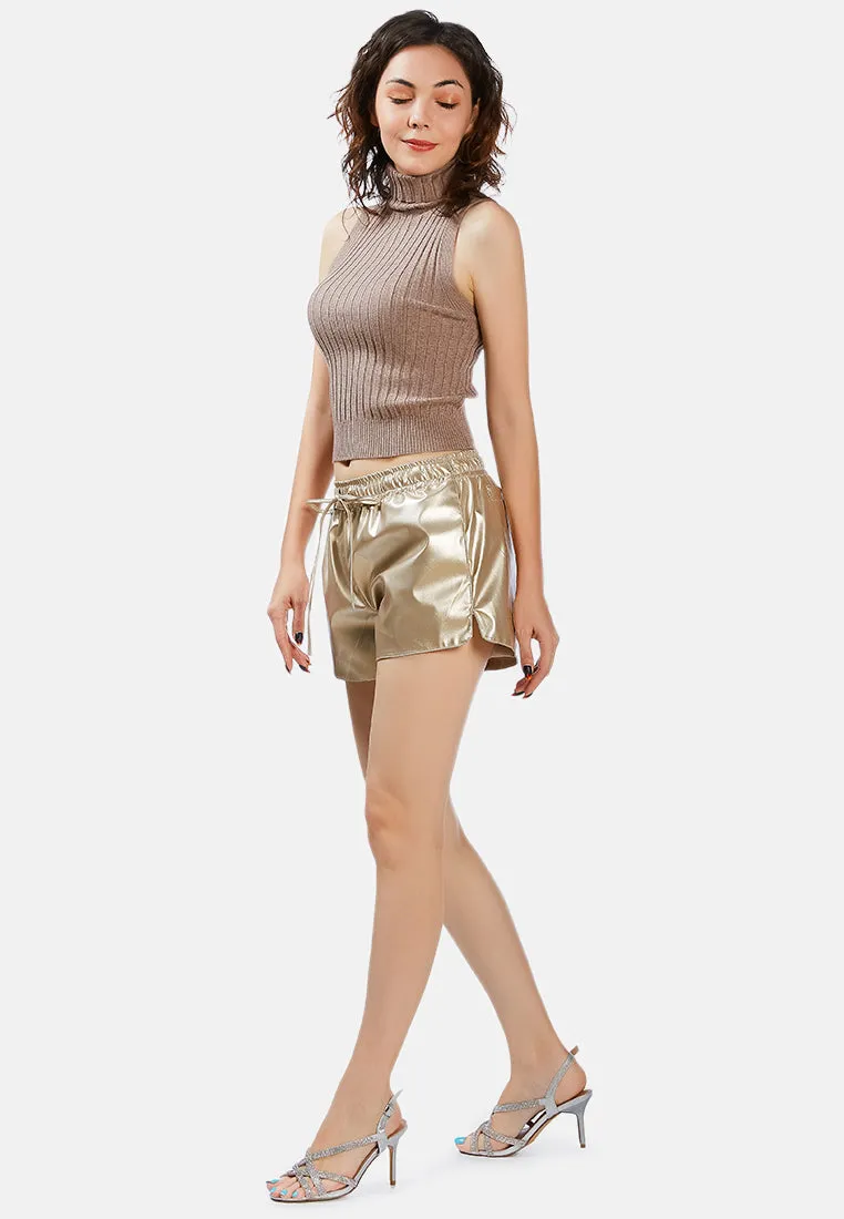 Metallic Faux Leather Drawstring Shorts