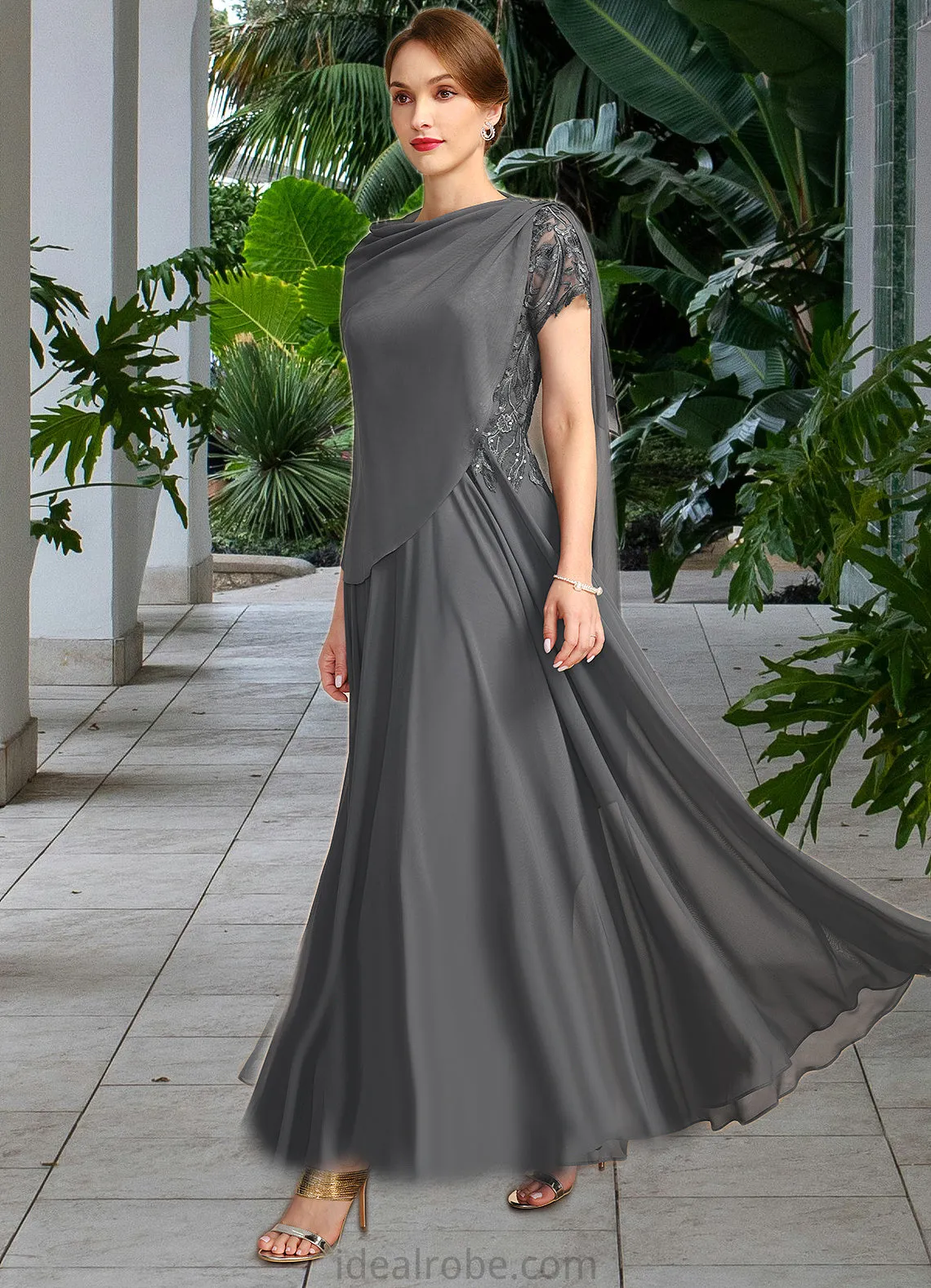 Naomi A-line V-Neck Illusion Ankle-Length Chiffon Lace Mother of the Bride Dress With Sequins STKP0021830